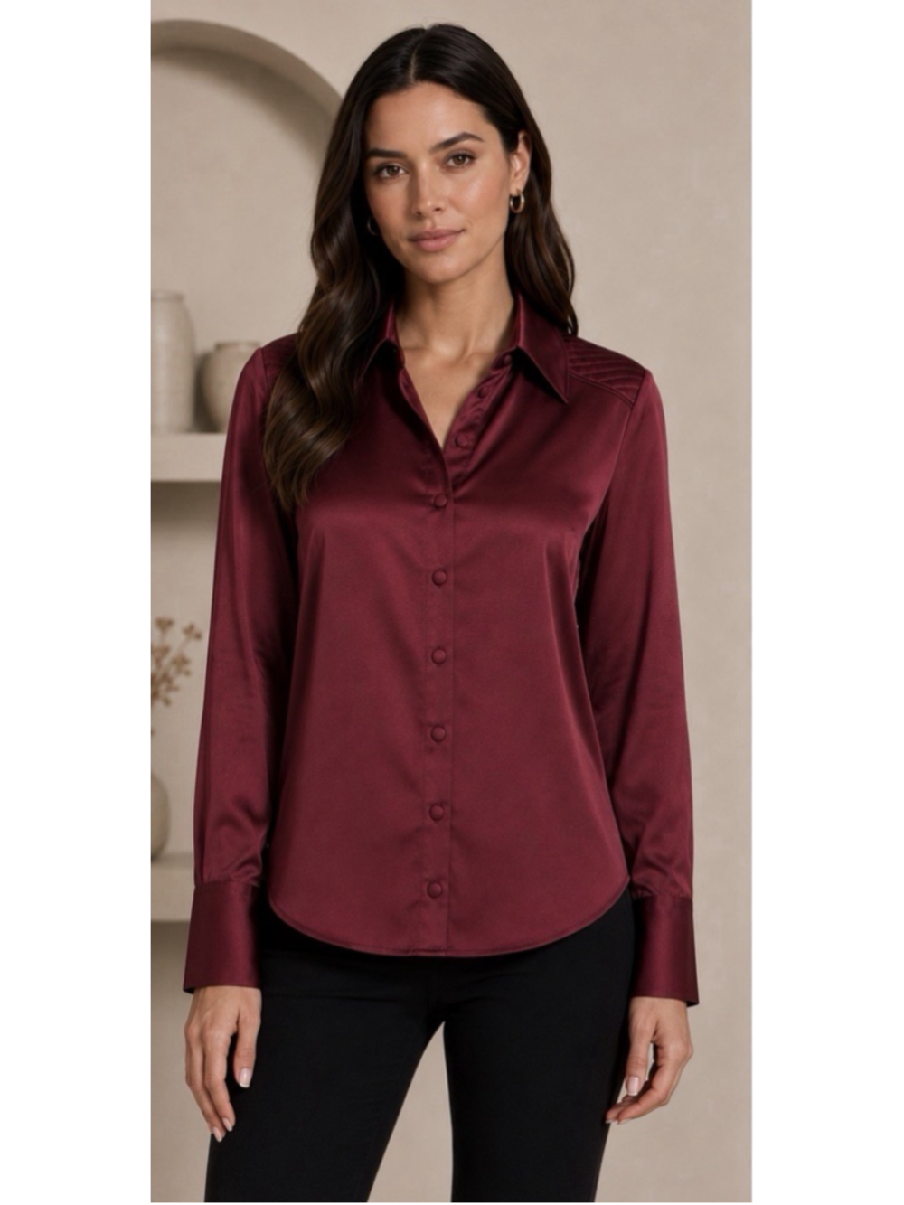 Gilner Farrar Womens Maroon Small Satin Silky Button Down Long Sleeve Blouse EUC